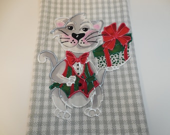 Christmas Hand Towel, Christmas Kitty Kitchen Towel, Kitty with Gift Bathroom Towel, Gray Christmas Towel. Christmas Home Decor