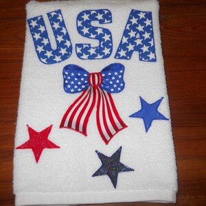 Patriotic Appliqued Hand Towel, USA, Bows, & Stars Bathroom Towel, Patriotic USA Kitchen Towel, Patriotic Decor, 4th of July Decor