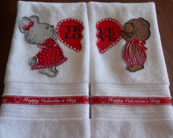 Set of 2 Appliqued Valentine's Day Hand Towels, True Love Valentine Bathroom Towels, Bunny & Bear Valentine Kitchen Towels, Valentine Gift