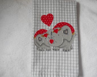 Valentine's Day Hand Towel, Valentine's Day Bathroom Towel, Valentine's Day Kitchen Towel, Valentine Elephants on Gray Gingham Towel