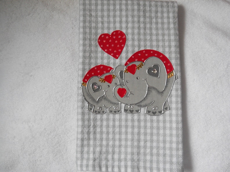 Valentine's Day Hand Towel, Valentine's Day Bathroom Towel, Valentine's Day Kitchen Towel, Valentine Elephants on Gray Gingham Towel image 1