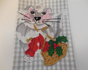 Christmas Hand Towel, Christmas Kitty Kitchen Towel, Knitting Kitty Bathroom Towel, Gray Christmas Towel, Christmas Home Decor