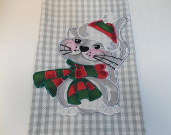 Christmas Kitty Hand Towel, Appliqued Kitty with Christmas Hat and Scarf, Christmas Bathroom Towel, Gray Kitchen Towel, Christmas Decor