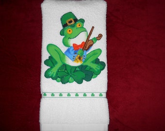 St Patrick's Day Hand Towel Bathroom or Kitchen Irish Frog, A Ukulele, and Shamrocks