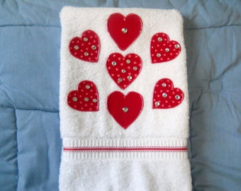 Valentine Hand Towel, Simply Hearts Valentine Hand Towel for Kitchen or Bathroom, Valentine Home Decor, Hearts & Bling Valentine Towel