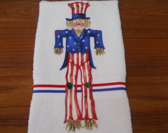 Patriotic Appliqued Hand Towel, Scarecrow Uncle Sam Bathroom Towel, Uncle Sam Kitchen Towel, Patriotic Decor, 4th of July Decor