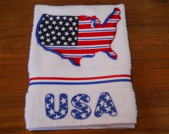 Patriotic Appliqued Hand Towel, United States Bathroom Towel, USA Kitchen Towel, United States Flag Towel, 4th of July Patriotic Decor