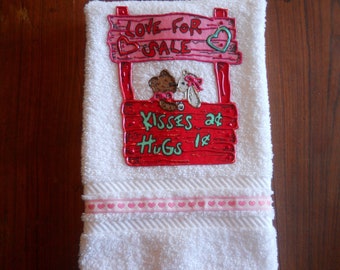 Valentine's Day Hand Towel, Appliqued Valentine's Day Kissing Booth Bathroom Towel, Valentine's Day "Love for Sale" Kitchen Towel, Gift