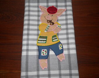 Appliqued Towel, Barbecue Pig Towel, Pig Kitchen Towel, Pig Kitchen Decor, Gray Check Pig Towel, Pig Kitchen Hand Towel. Pig Hostess Gift
