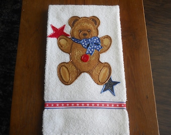 Appliqued Patriotic Hand Towel, Bear and Stars Bathroom Towel, Bear with Bow Kitchen Towel, Patriotic Decor, 4th of July Decor