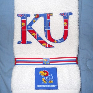 Univ of Kansas Towel, Jayhawks Bathroom Hand Towel, Appliqued Kitchen Towel, Kansas Jayhawks Fan Gift, Jayhawks Grad Gift, Sports Decor