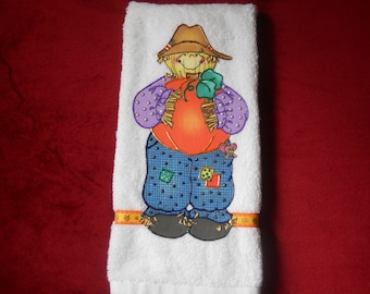 Fall Theme Hand Towel, Appliqued Scarecrow Bath Towel, Halloween Pumpkin Towel, Thanksgiving Kitchen Towel, Hostess Gift. Fall Home Decor