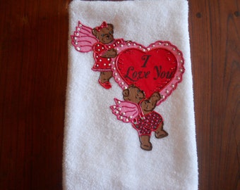 Valentine's Day Hand Towel, Appliqued Valentine Angel Bears Hand Towel, Valentine's Day Heart Bathroom Towel, I Love You Kitchen Towel