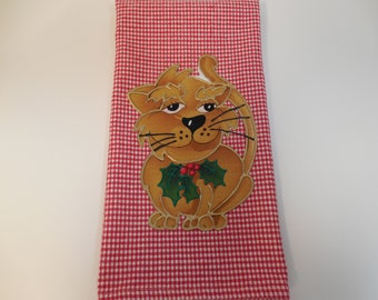 Christmas Hand Towel, Appliqued Christmas Kitchen Towel, Bath Towel with Christmas Kitty, Cat Towel, Red Towel, Christmas Home Decor