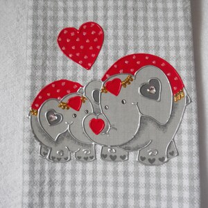 Valentine's Day Hand Towel, Valentine's Day Bathroom Towel, Valentine's Day Kitchen Towel, Valentine Elephants on Gray Gingham Towel image 3