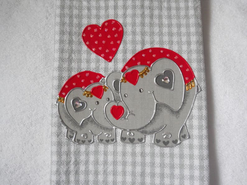 Valentine's Day Hand Towel, Valentine's Day Bathroom Towel, Valentine's Day Kitchen Towel, Valentine Elephants on Gray Gingham Towel image 3