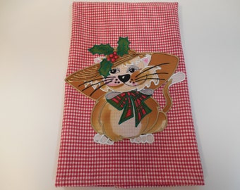 Christmas Hand Towel, Christmas Kitty Kitchen Towel, Bonnet Kitty Bathroom Towel, Red Christmas Towel with Cat, Christmas Home Decor