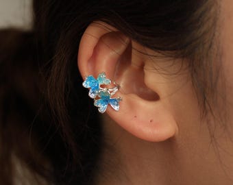 Pendiente de oreja con hoja de oxalis azul, adorno veraniego artesanal, pendiente de flor sin perforación.