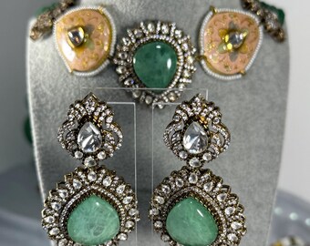 Premium kundan meenakari choker Necklace Set: Green Beads, Indian Bridal Jewellery