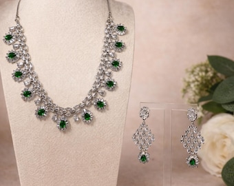 Emerald Green American Diamond Necklace and Earrings Set