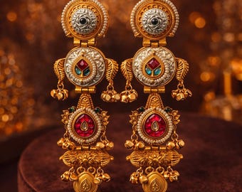 Traditional Luxury Long Gold Kashmiri-Kundan Statement Earrings - Pink details