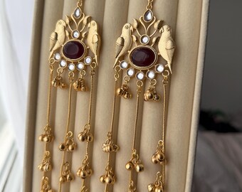 Kashmiri Gold Parrot Earrings • Deep Red Stone, Ghungroos, Statement Dangle