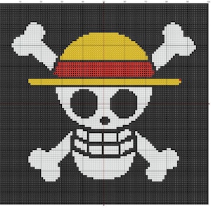 May include: A pixelated image of the Jolly Roger from the anime series One Piece. The design features a white skull with a straw hat, crossed bones, and a black background. The hat is yellow with a red band.