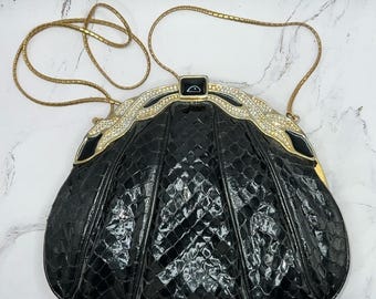 FINESSE LaMODEL NY Vintage Black Snakeskin Rhinestone Evening Bag w/Onyx Closure