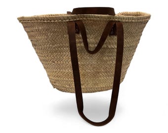 Handwoven Palm Leaf Market Basket: Provence Leather Tote Bag