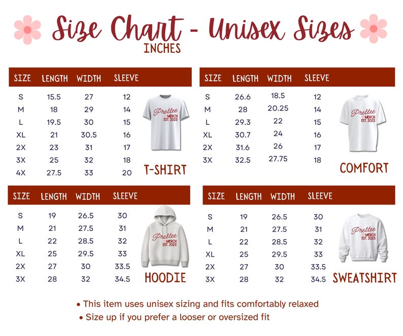 May include: A size chart for unisex apparel featuring four sections for a t-shirt, comfort shirt, hoodie, and sweatshirt. Each section displays a table with columns for size, length, width, and sleeve measurements in inches, alongside a garment image.
