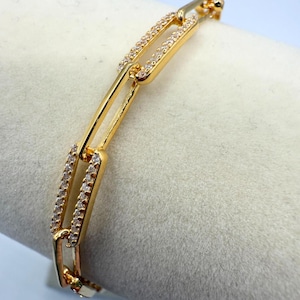 925 Sterling Silver Gold Plated Paperclip Bracelet | CZ Paperclip Chain | 7.25mm Width | Dainty Layering Bracelet | Hypoallergenic