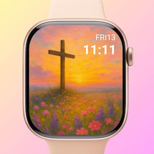Sfondo per Apple Watch con croce e fiori di campo, quadrante floreale cristiano, arte digitale sulla fede femminile, idea regalo per Pasqua