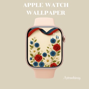 Sfondo del 4 luglio per Apple Watch: bandiera USA, quadrante floreale blu, bianco e rosso, sfondo patriottico per smartwatch, estetica del Giorno dell'Indipendenza