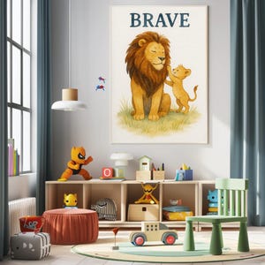 Impresión de acuarela de safari familiar de leones valientes para decoración de pared de habitación infantil