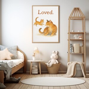 Impresión de decoración de pared para habitación infantil con acuarela de gatito juguetón y familia de gatos queridos