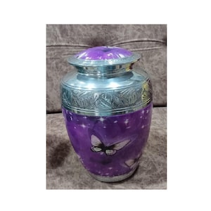 Purple Butterfly Cremation Urn | 10 Inch Metal Funeral Urn for Ashes | Spiritual Memorial Jar with Silver Engraving & Starry Design