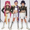KPop Demon Hunters Rumi Zoey Mira Grils Black Outfit Halloween Cosplay Costume,Sparkly Idol Cosplay Costume for kids and adult,wig shoes