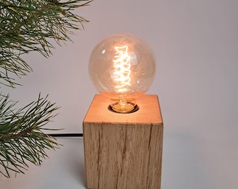 Handmade Oak Wood Cube Lamp with Dimmer, Natural Home Decor