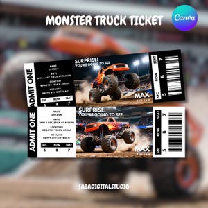 Op de afbeelding: Twee zwart-witte monster truck tickets met de tekst "MONSTER TRUCK TICKET". Elk ticket toont een oranje monster truck afbeelding en de woorden "SURPRISE! YOU'RE GOING TO SEE". De tickets bevatten details zoals naam, datum, tijd en zitplaatsinformatie.