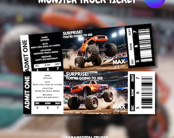 Biglietto per la partita di Monster Truck, Modello di biglietto per la partita di Monster Truck, Biglietto stampabile per la corsa di camion, Modello di biglietto sportivo, Modificabile con Canva