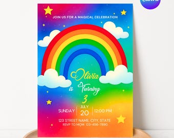Rainbow Birthday Invitation, Watercolor Rainbow Invite, Girls Rainbow Party Invite, Colorful Rainbow Theme Party, Kids Party Invitation
