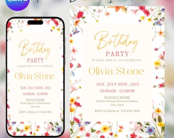 Invitación de cumpleaños floral, plantilla editable de Canva, invitación para fiesta infantil (descarga digital)