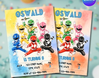 Invitación de cumpleaños de Power Rangers, invitación de cumpleaños imprimible, invitación de Power Rangers, invitación de cumpleaños infantil, estilo acuarela