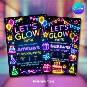 Op de afbeelding: Twee neon-stijl verjaardagsfeestuitnodigingen met de tekst "LET'S GLOW Party". De uitnodigingen bevatten kleurrijke illustraties van ballonnen, sterren, cadeaus en een taart. De tekst bevat de naam "Amelia's" en feestdetails.