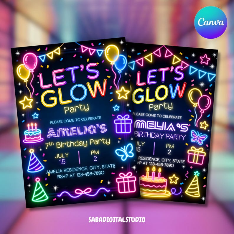 Neon Glow Birthday Invitation, Glow Party Invite, Let's Glow Crazy, Glow in the Dark, Neon Birthday, Glow Party