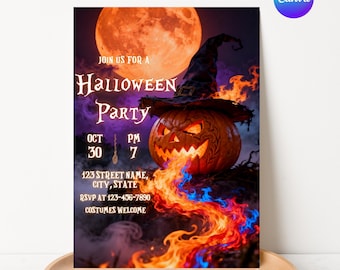 Invito gotico di Halloween, invito per festa spettrale, festa in costume di Halloween, modello Canva modificabile, stampabile
