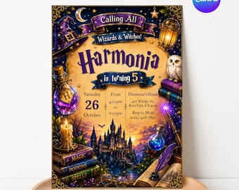 Invito di compleanno a tema mago, festa di compleanno magica, invito modificabile su Canva, festa a tema streghe, biglietto digitale per celebrazioni fantasy
