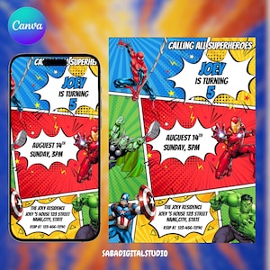 Superhero Birthday Invitation: Kids Party, Editable Canva Template (Digital Download)