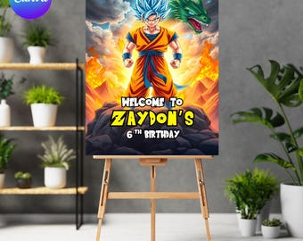 Dragon Ball Willkommensschild, Geburtstagsfeier einladen, bearbeitbarer Geburtstag, Dragon Ball Mädchen Jungen Geburtstagsdekoration, Superheld Party, Goku Willkommensschild