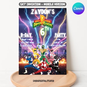 May include: A colorful invitation for a 6th birthday party featuring the Mighty Morphin Power Rangers. The design includes the name "Zaydon's", party details, and a cityscape background with lightning effects. The invitation is 5x7 inches.